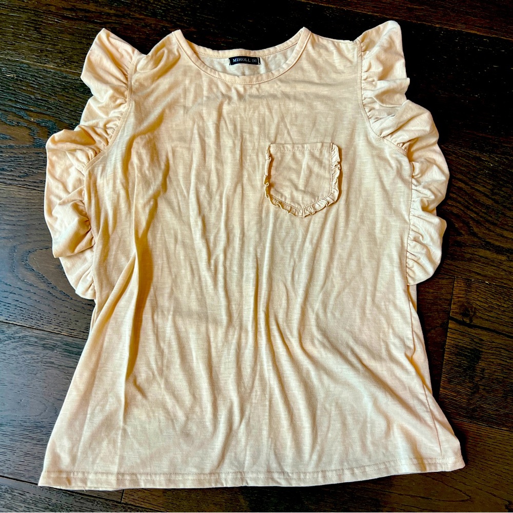 Miholl‎ Women's Ruffle Sleeve Crew Neck T-Shirt Chest Pocket Beige Medium